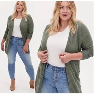 Torrid Cardigan Long Sleeve Button Up Mid Length Green Knit Pockets Size 4